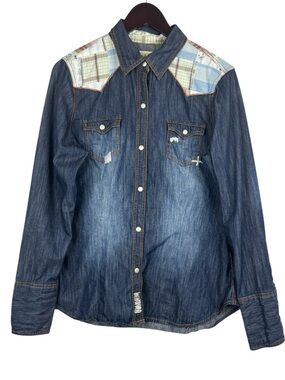Stetson Denim Patchwork Stitch Pattern Long Sleeve Snap Close Western Shirt L